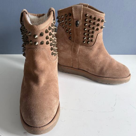 Ash‎ boots women's size 9.5 shearling leather skull studded Yahoo wedge brown - Picture 4 of 16